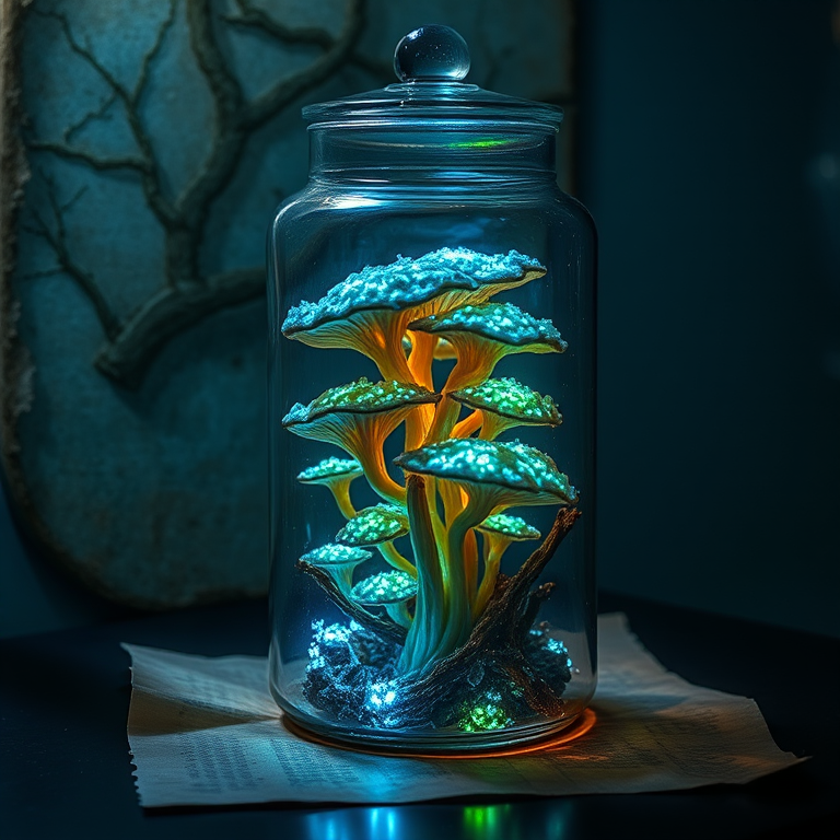 Bodegón de Frasco con hongo bioluminiscente