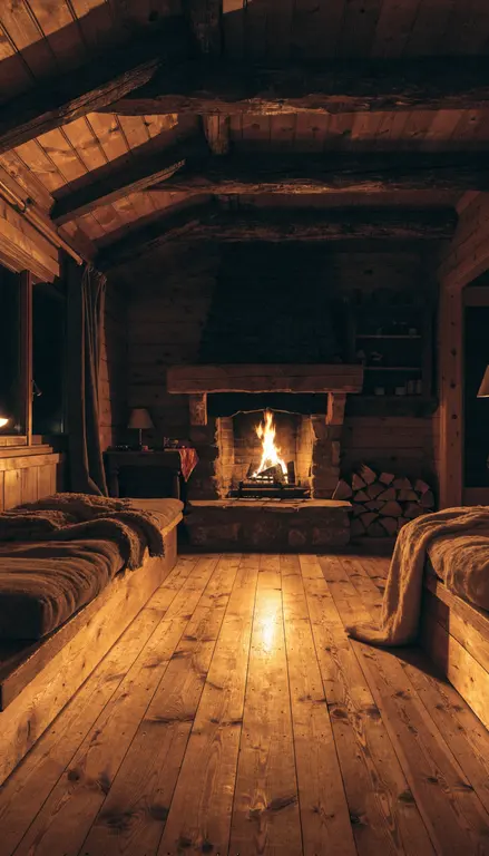 Fondo para croma Cabaña chimenea noche