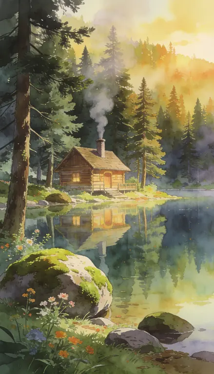 Wallpaper Cabaña junto al lago · 2
