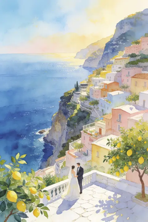 Ilustración gouache-of-a-coastal-clif para save-the-date