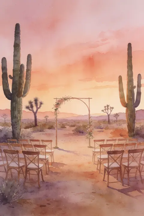 Ilustración gouache-of-a-desert-weddi para save-the-date