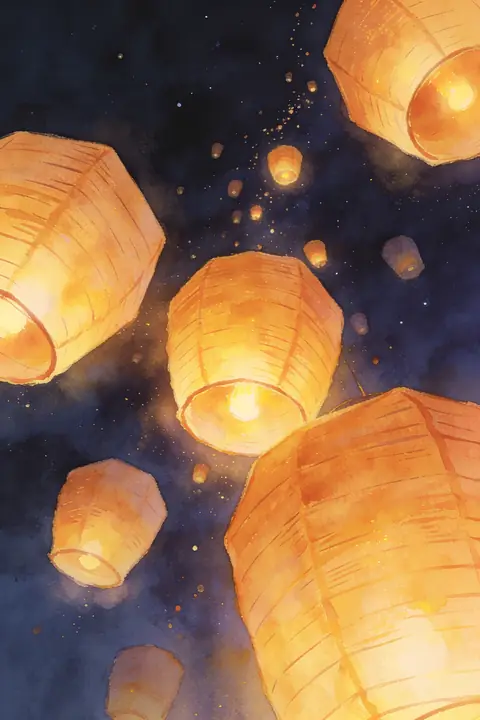 Ilustración gouache-of-paper-lanterns para save-the-date