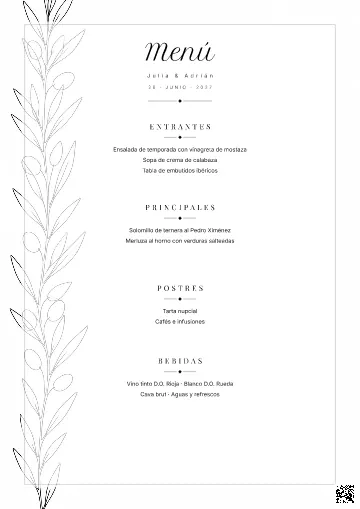 Menú de boda para la plantilla Line Art