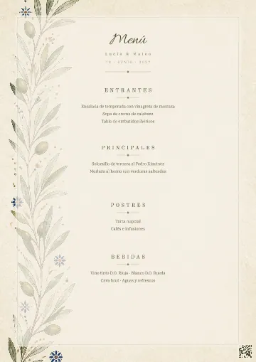 Menú de boda para la plantilla Mediterráneo Olivar