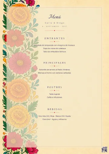 Menú de boda para la plantilla Mexicano Floral