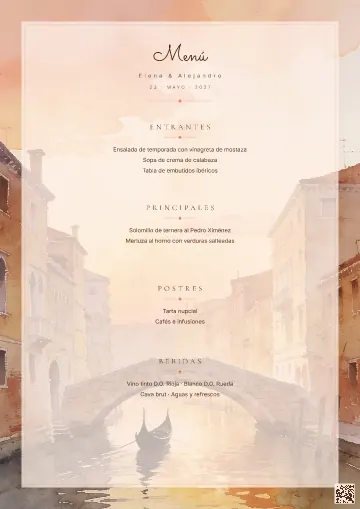 Menú de boda para la plantilla Venecia al Amanecer